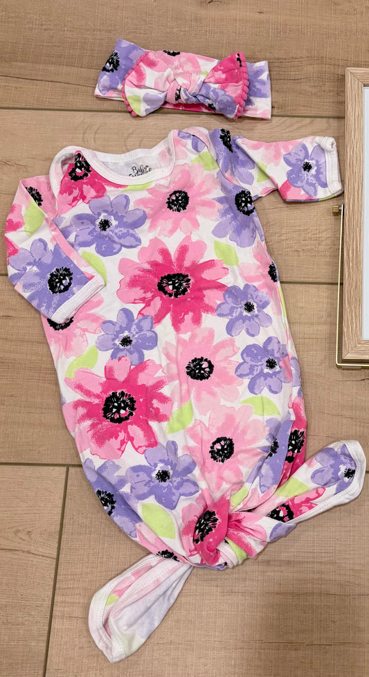 #37 0-3M Girl NWOT Baby Essentials Knotted Gown and Matching Bow Headband