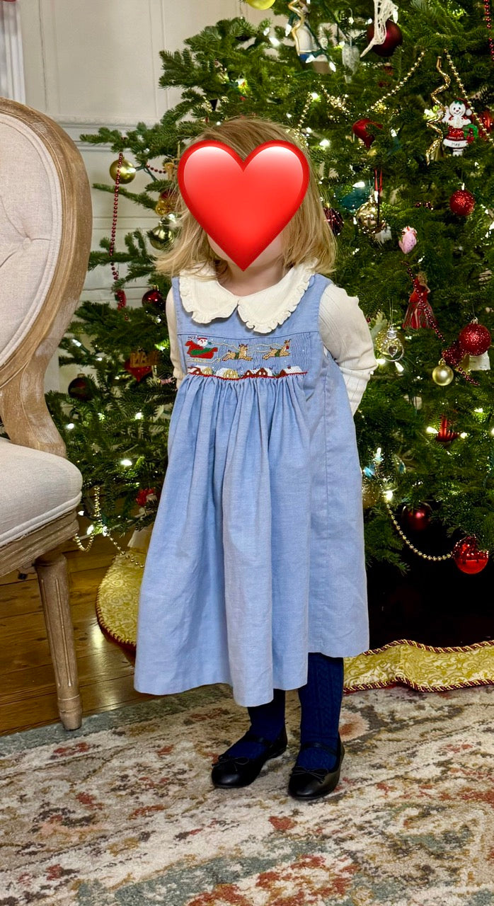 #82 Amanda Remembered Christmas Smocked Dress + Hanna Andersson Long Sleeve Pointelle Collared T-Shirt and Tights Girls Size 2