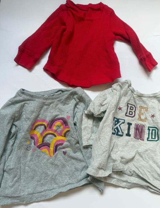 #170 Gap shirt bundle (3) Organic Cotton “Be Kind” long sleeve Heather grey shirt and grey with yellow purple and pink rainbows  and Red waffle knit long sleeve girls 12-18 months