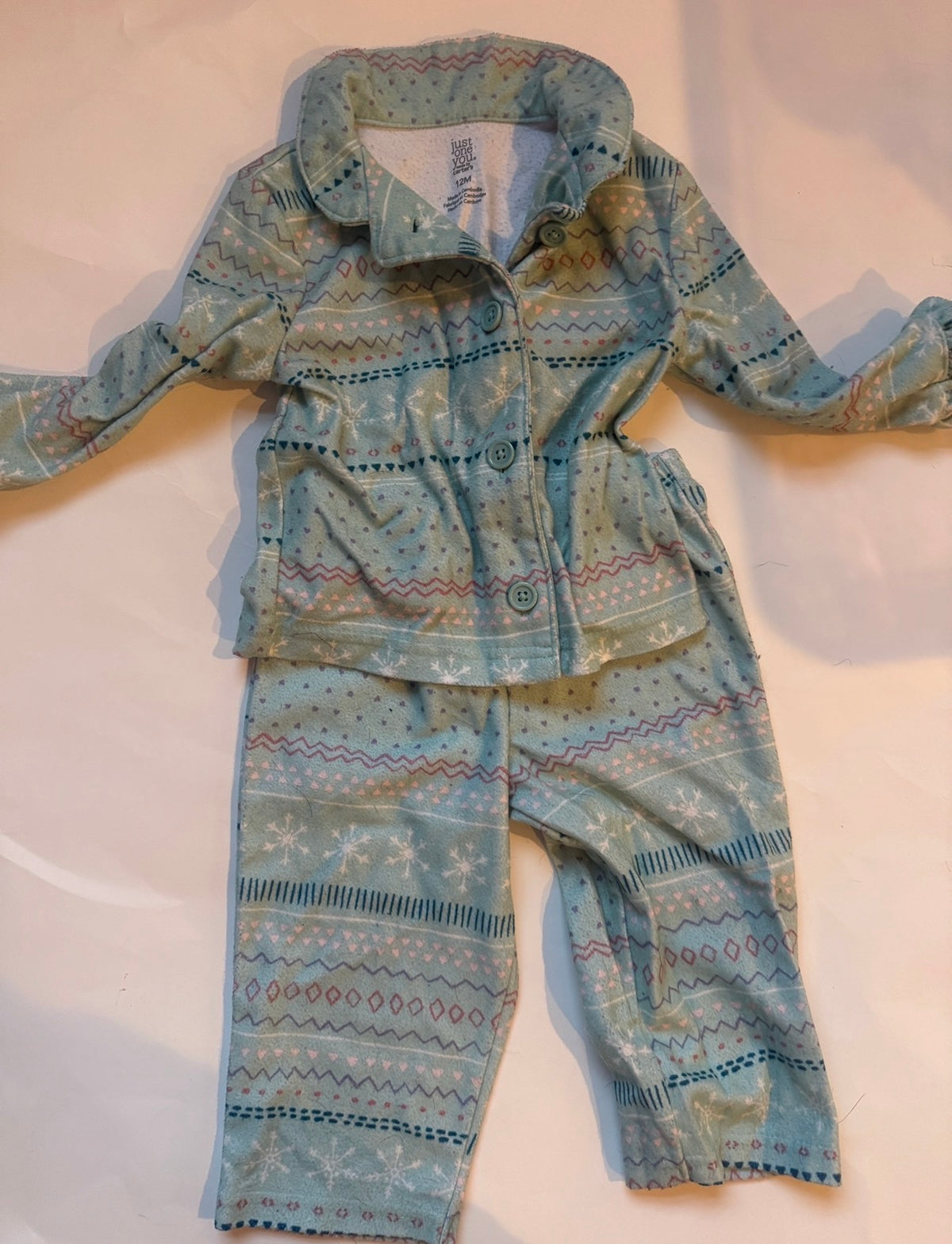 #170 Carters pajama bundle (2)— 2 piece flannel snowflake and zip up footie cats girls 12 months