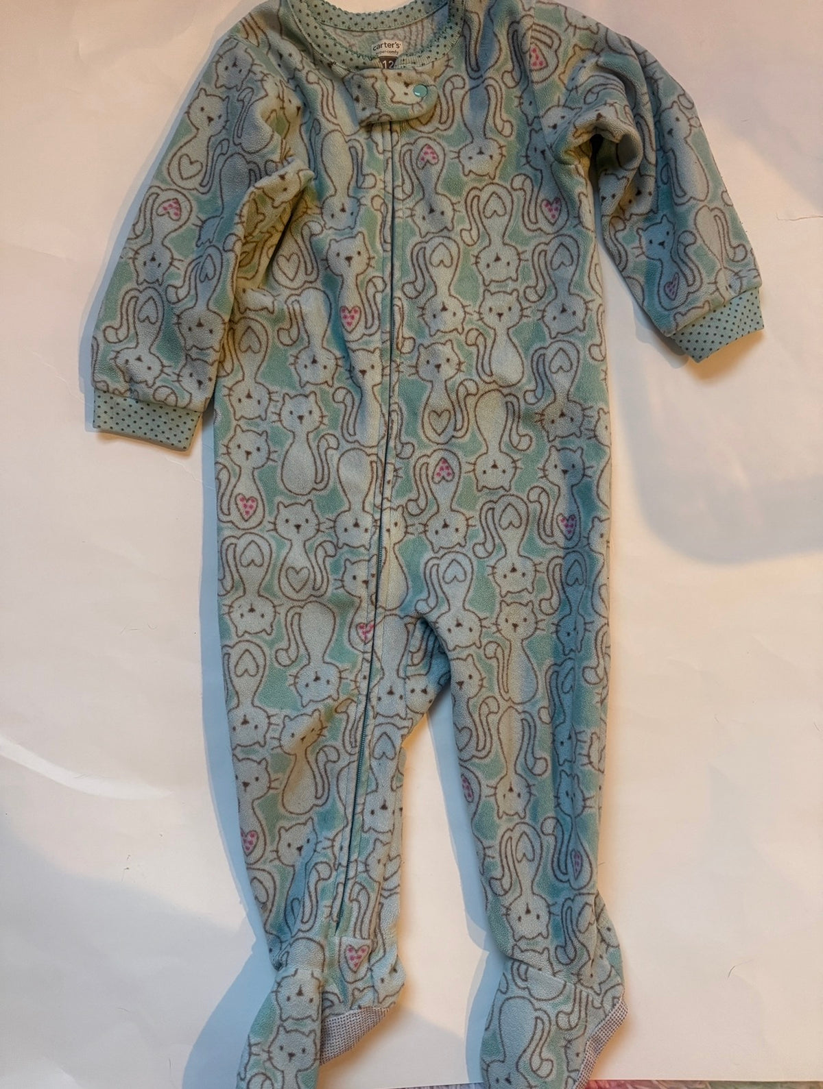 #170 Carters pajama bundle (2)— 2 piece flannel snowflake and zip up footie cats girls 12 months