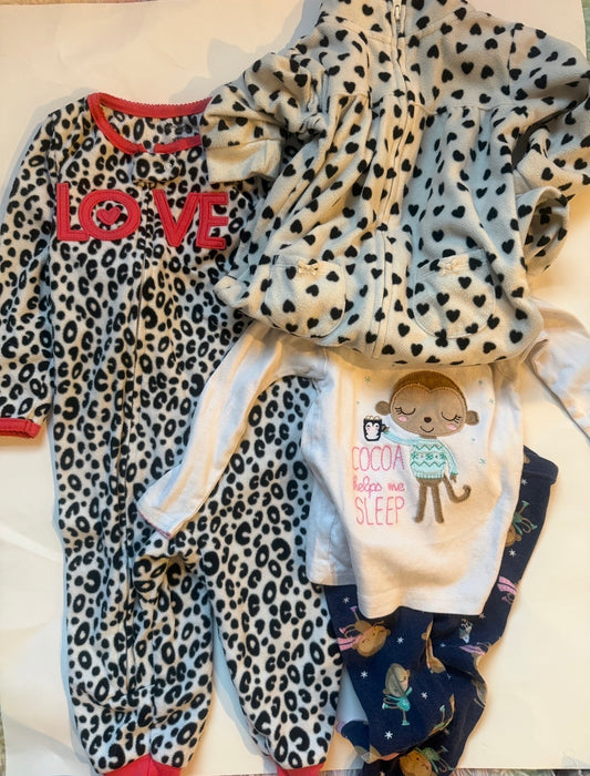#170 carters pajama bundle (3)— fleece cheetah print “love” zip non foot pj, fleece white with black hearts and pockets and 2 piece cocoa helps me sleep monkey pjs girls 18 months