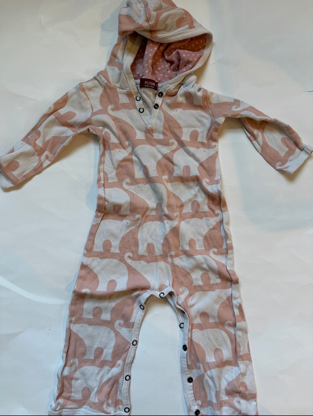 #170 Milkbarn white and pink elephant hooded jumpsuit girls 12-18 months