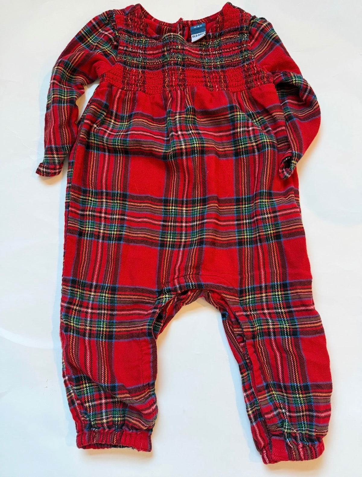 #170 Old Navy red, green and blue plaid smocked jumpsuit outfit girls 12-18 months