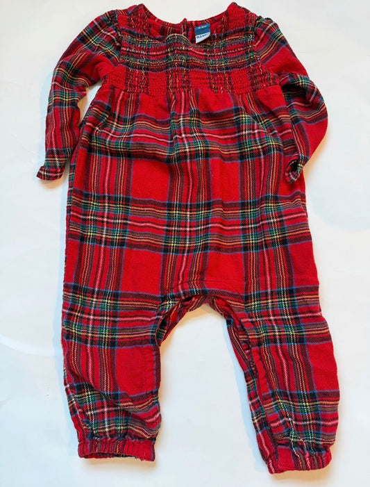 #170 Old Navy red, green and blue plaid smocked jumpsuit outfit girls 12-18 months