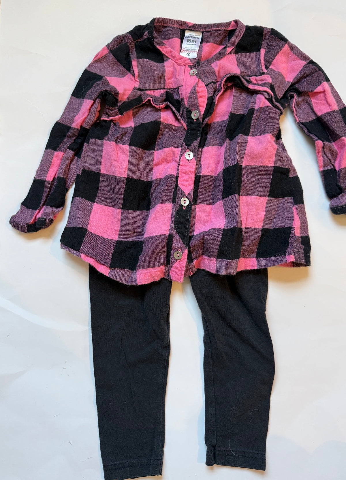 #170 Carters pink and black flannel shirt with black leggings girls 18 months