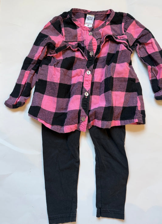 #170 Carters pink and black flannel shirt with black leggings girls 18 months