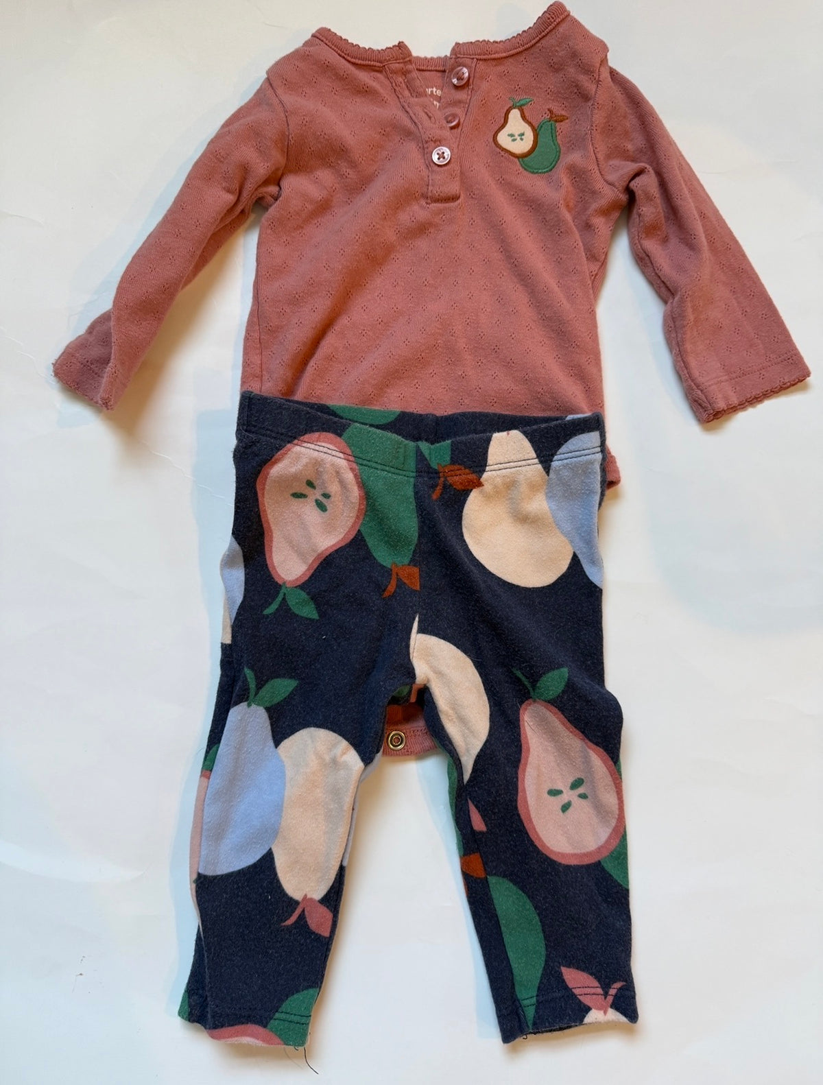 #170 Carters outfit set navy pants with pink pears with matching pink body suit with pears girls 6 months