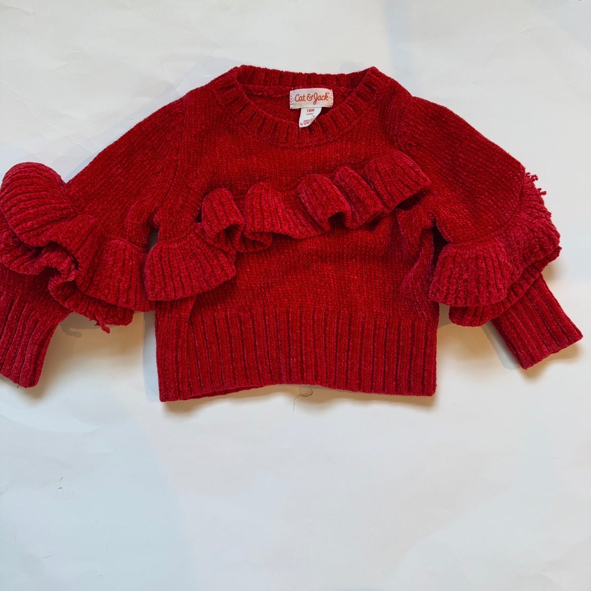 #170 Cat and Jack red ruffle sweater girls 18 months