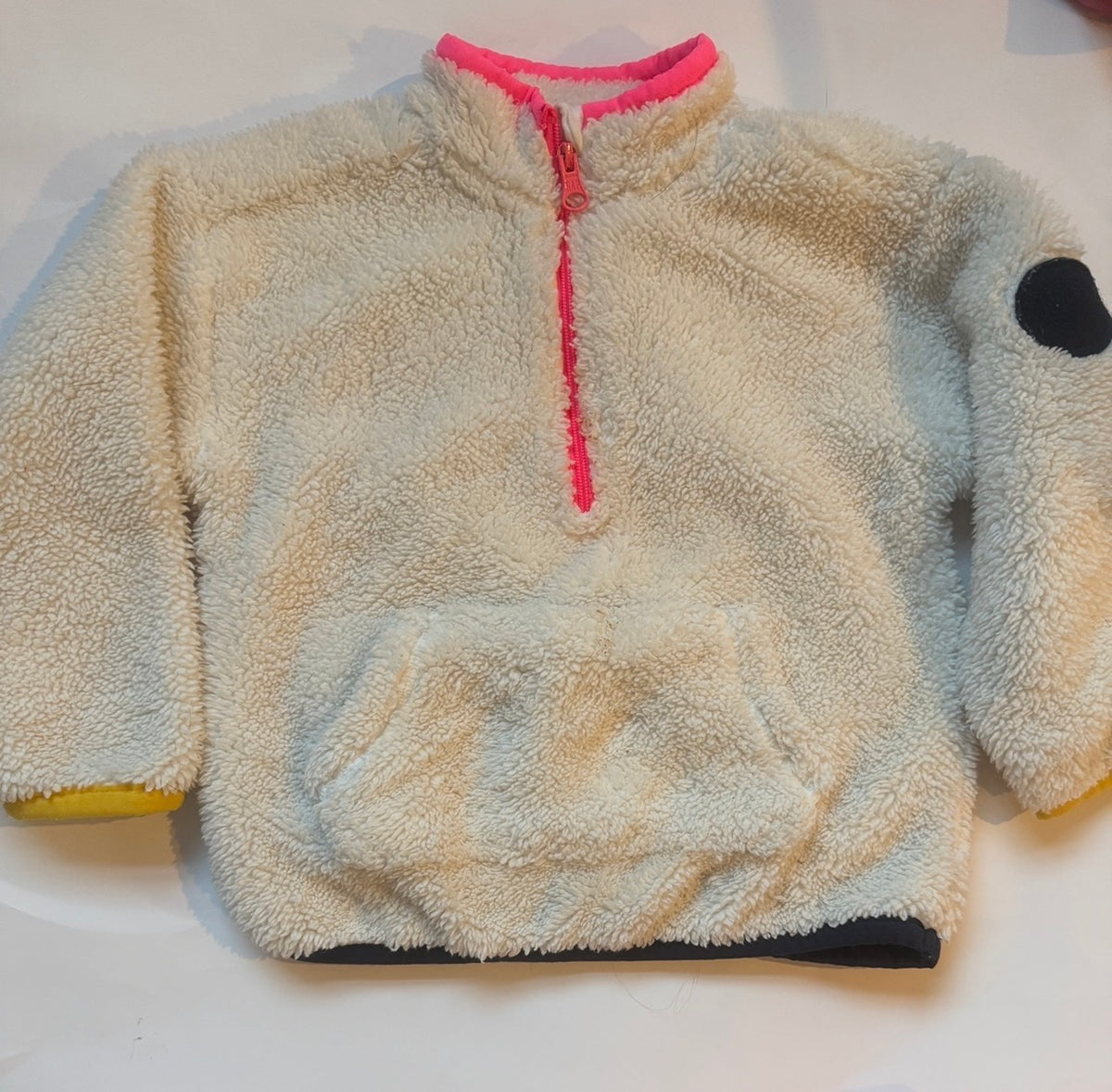 #170 Gap cream Sherpa quarter zip with pink and yellow piping tag removed but fits like 18 months