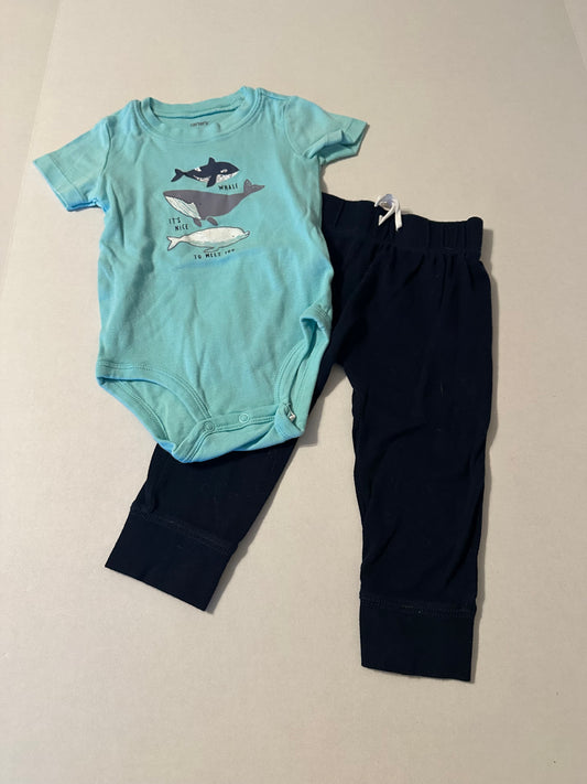 #160 Boys 18 months short sleeve whale onesie and navy blue pants
