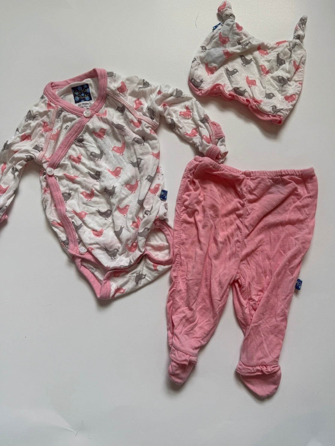 KicKee Pants 3 piece outfit pink and grey birds girls 0-3 months