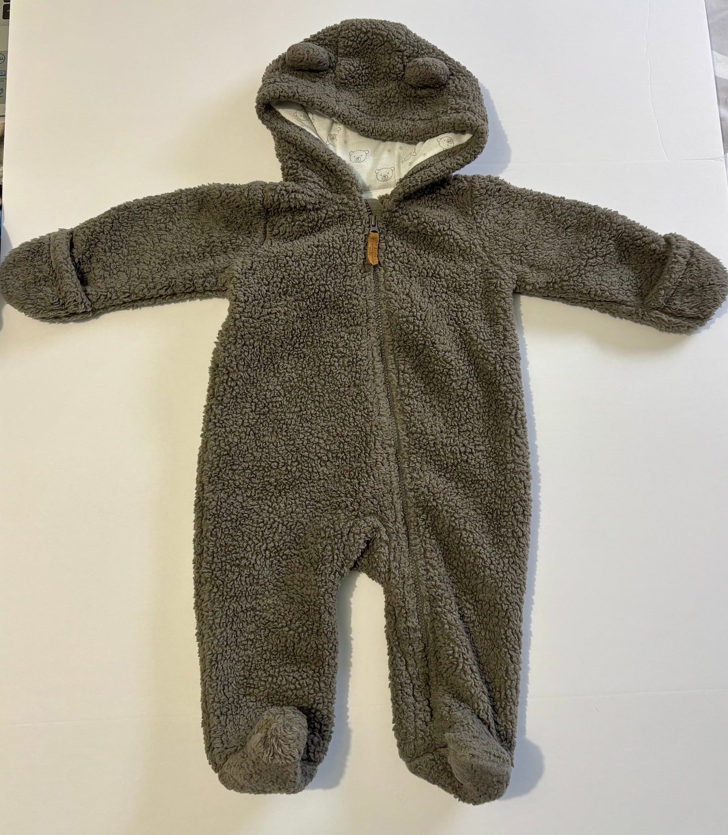 #132 - Carter's: Baby Hooded Sherpa Grey/Brown Jumpsuit/Bunting, 6M