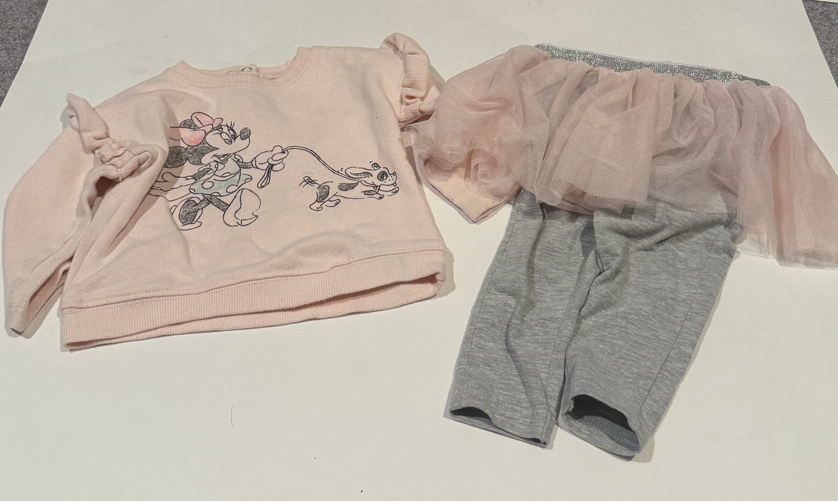 #170 Disney light pink ruffle sleeve Minnie walking dog sweatshirt with grey pink tulle skirted pants girls 6-9 months
