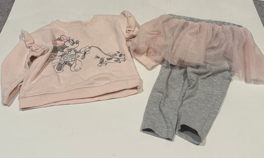 #170 Disney light pink ruffle sleeve Minnie walking dog sweatshirt with grey pink tulle skirted pants girls 6-9 months