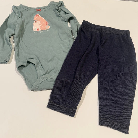 #170 Carters “I love you mama” bear body suit with jeggings girls 9 months