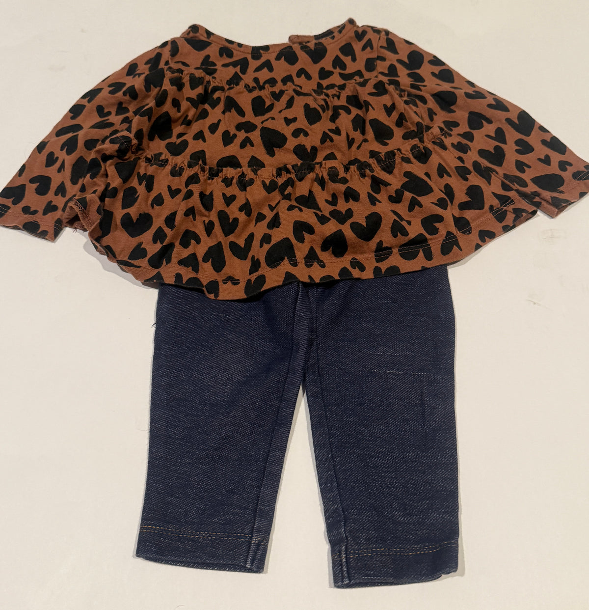 #170 Carters brown with black hearts layers top with jeggings girls 9 months