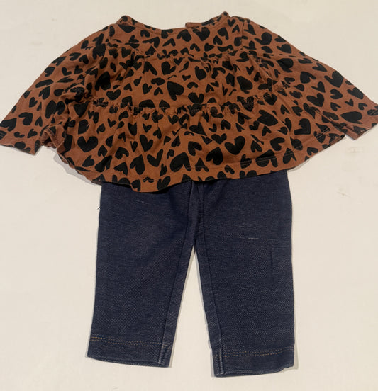 #170 Carters brown with black hearts layers top with jeggings girls 9 months