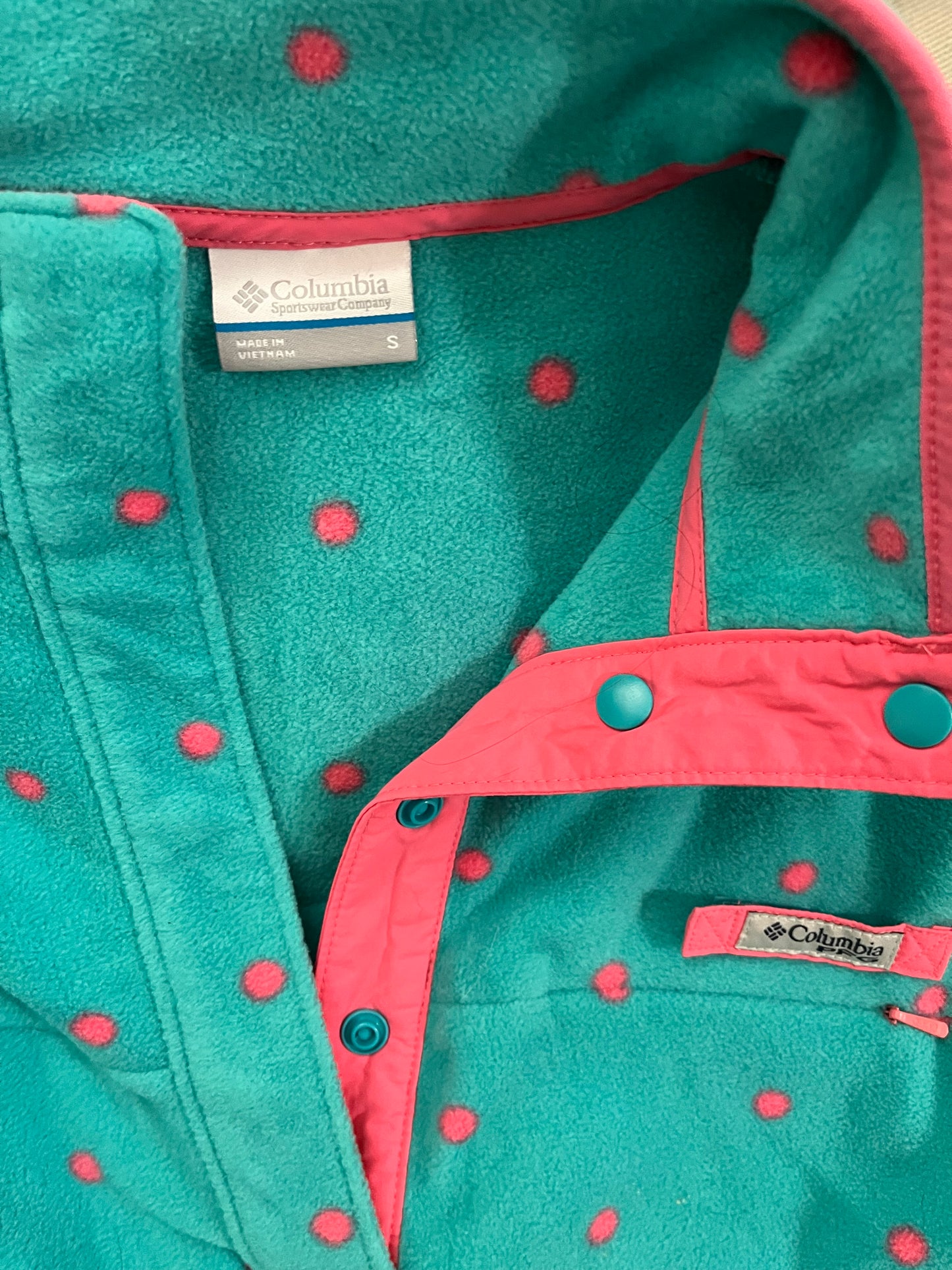 Seller 73A: VGUC Women's Teal with Pink Dot Fleece Pullover Columbia PFG - S