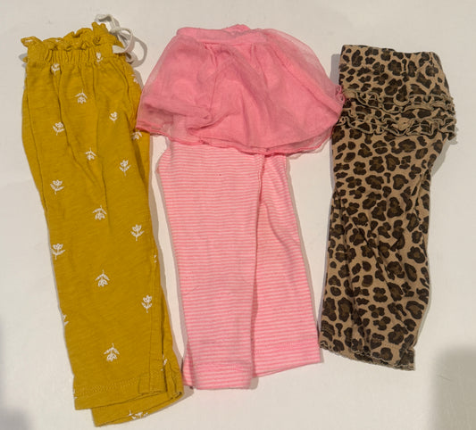 #170 Carters pants bundle (3)— yellow with white tulip paper bag waist, pink with tulle skirt and cheetah print with ruffles on bottom girls 9 months