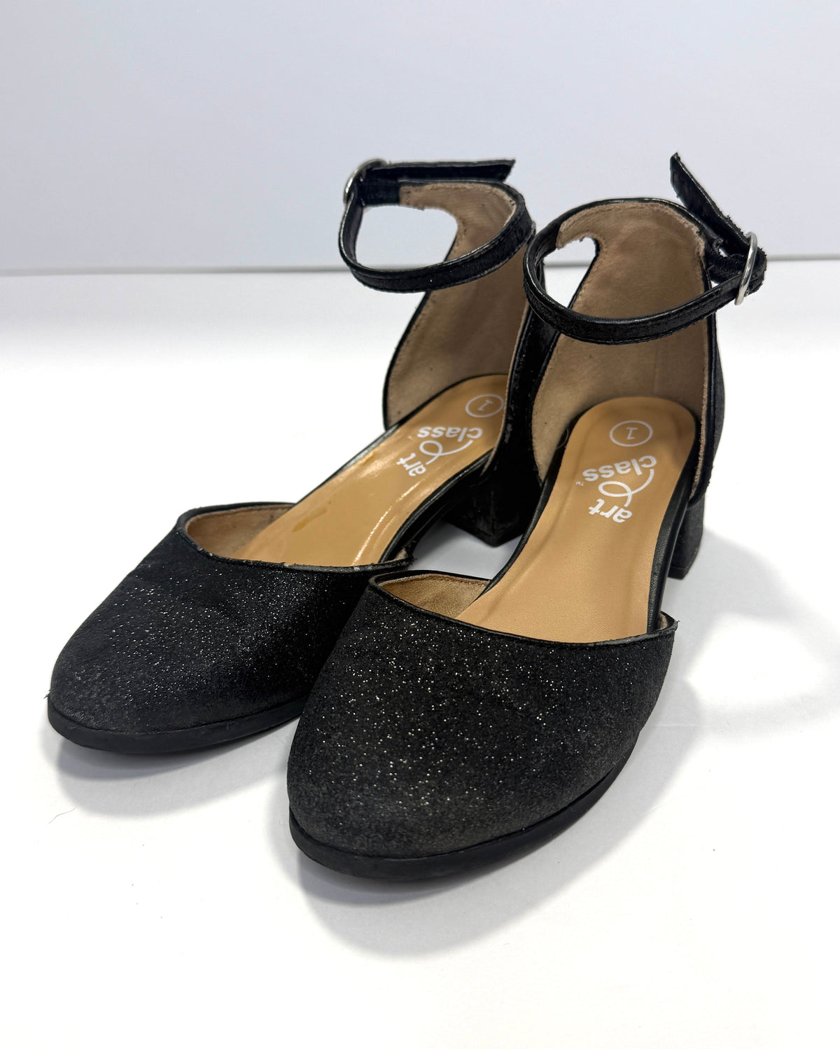 155 Girls Cat and Jack Size 1 Black Sparkle Kitten Heel Dress Shoes - a bit of sparkle wearing off (but not bad!)