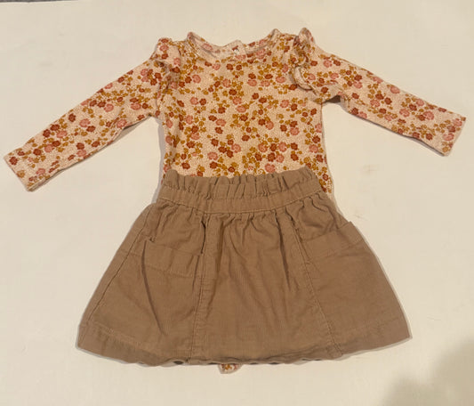 #170 Skirt and bodysuit bundle old navy floral bodysuit with ruffle sleeve and wonder nation corduroy tan skirt girls 12 months