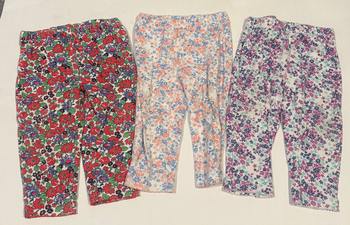 #170 Carters floral pants bundle (3) pink and blue, peach and blue with bear on bottom and purple and blue with owl on bottom girls 9 months