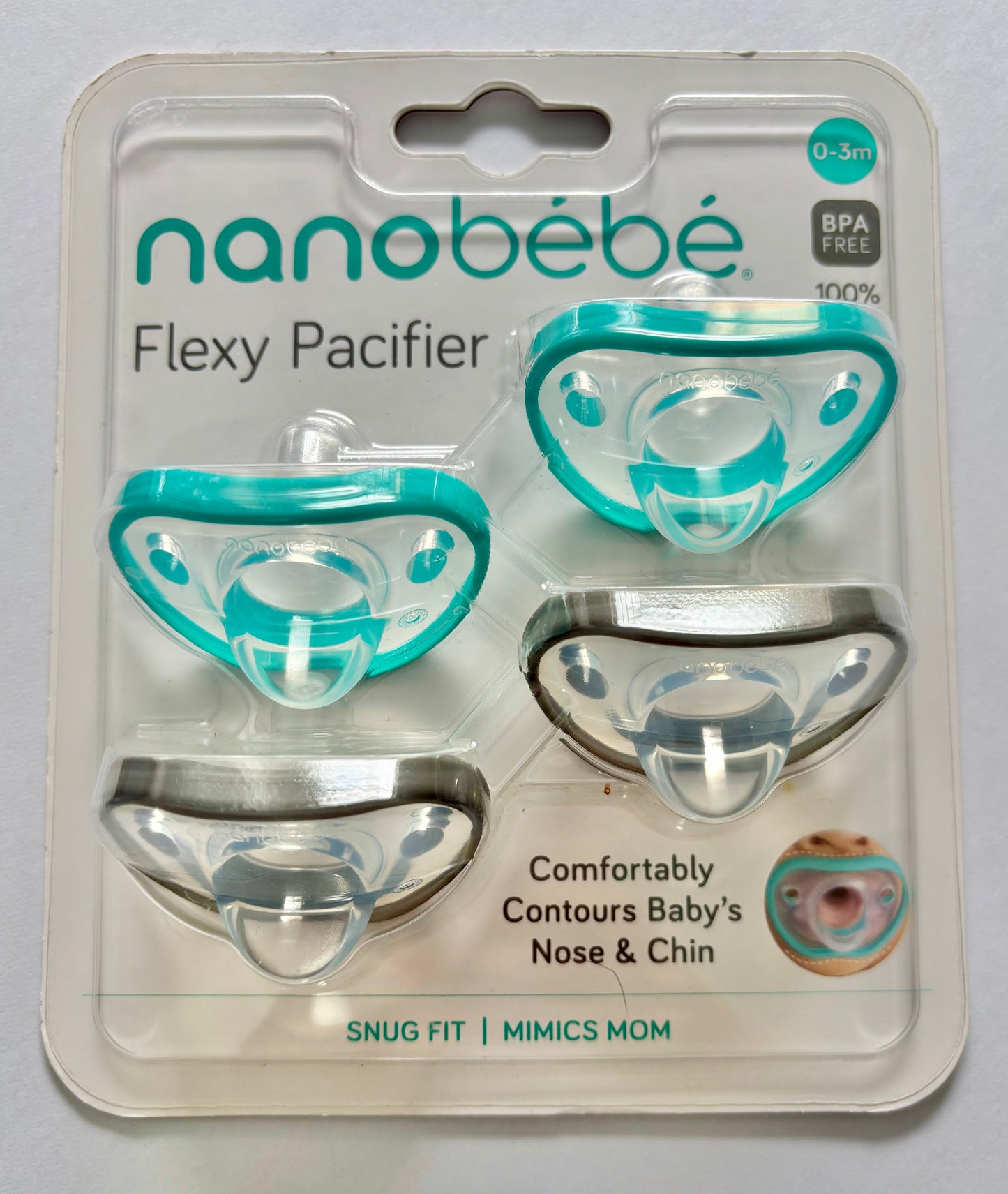 #132 - Nanobebe: Flexy Pacifier, 4 pack, 0-3M, Grey+Teal - NWT
