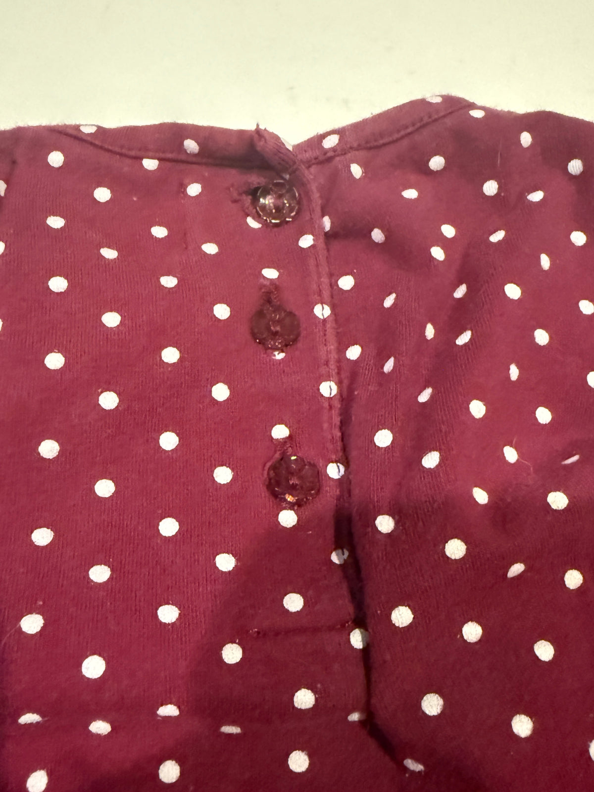 #170 Dylan and Abby maroon polka dot shirt girls 6-9 months