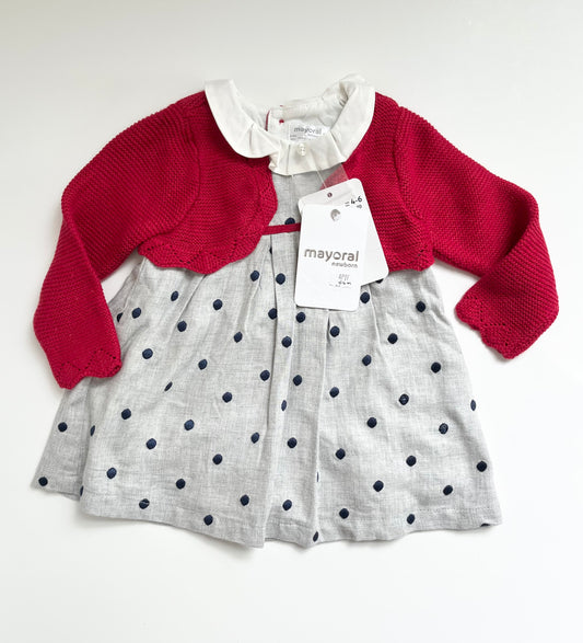 #98A - NWT 4-6M Girls Red and Gray Dot Mayoral Dress (retail $50)