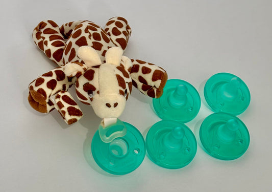 #132 - REDUCED - Bundle of Philips Avent: Giraffe Soothie Snuggle Pacifier Holder + 5 Soothie 0-3M Pacifiers - NWOT