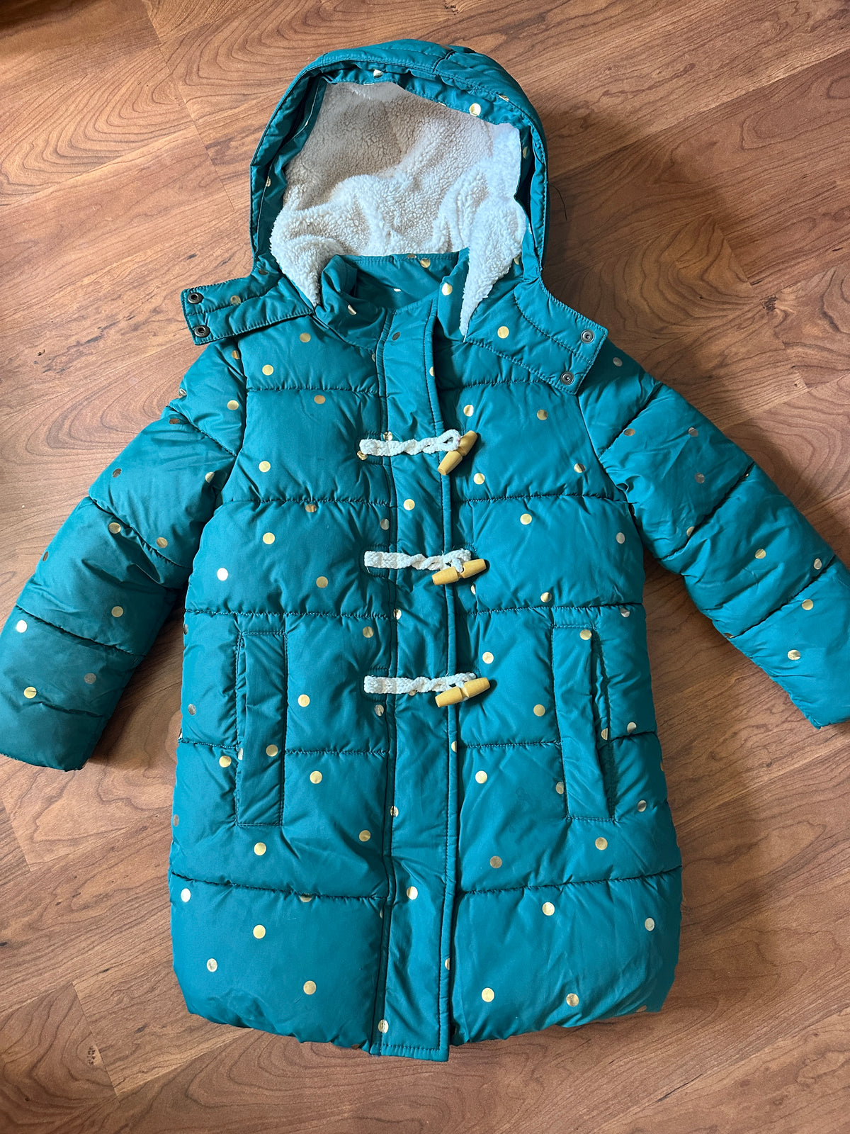 #48 Mini Boden Green & Gold Puffy Coat Girls 5/6