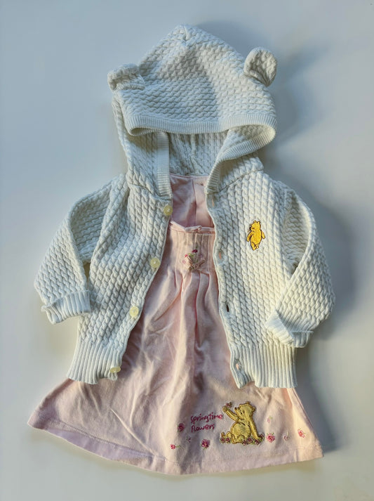 Girls 6 month Disney Classic Pooh Springtime Dress + Sweater Cardigan Bundle Pink White