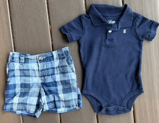 #28 REDUCED Chaps & OshKosh Navy Polo and Plaid Short Set, Size 12m