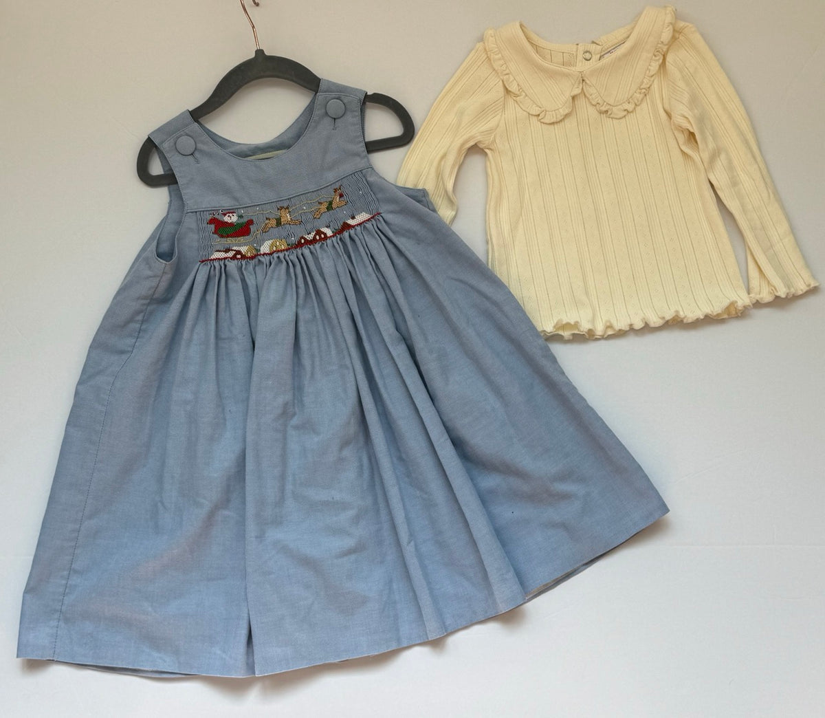 #82 Amanda Remembered Christmas Smocked Dress + Hanna Andersson Long Sleeve Pointelle Collared T-Shirt and Tights Girls Size 2