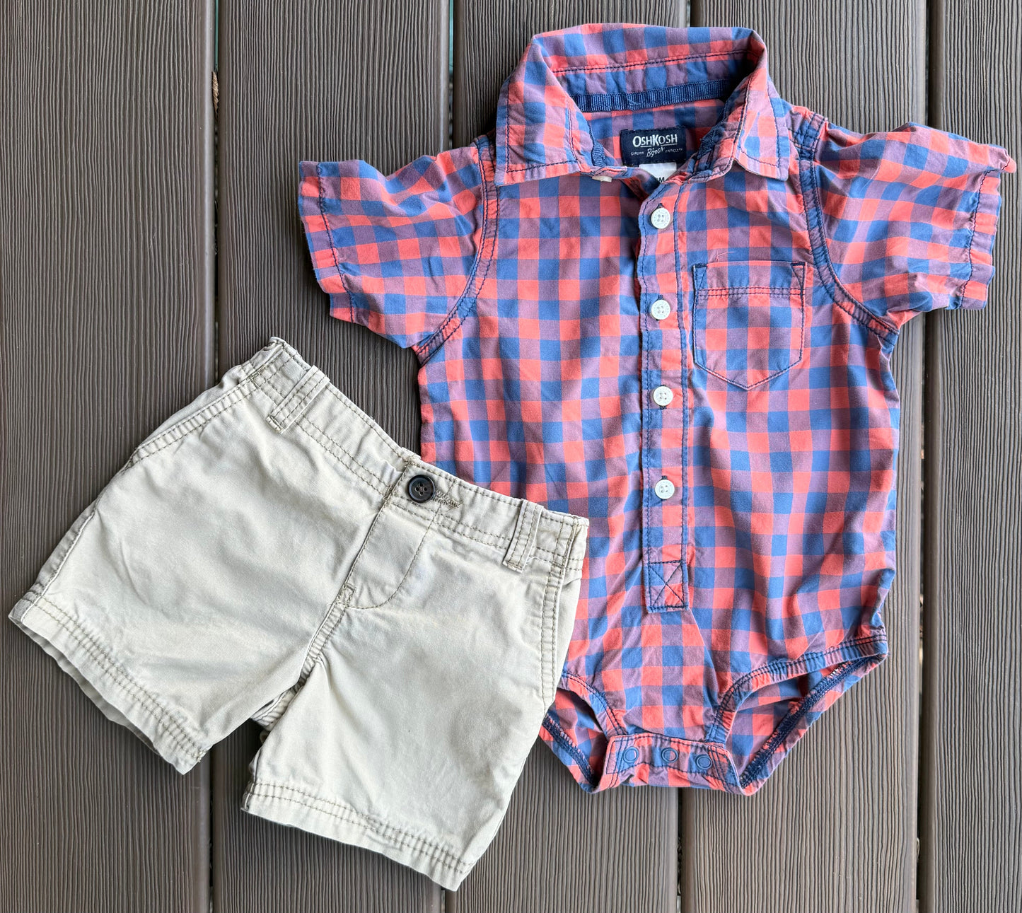#28 REDUCED OshKosh & Carters Orange/Blue Plaid Onesie and Khakis, Size 18m