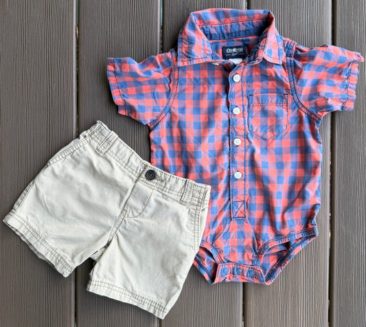 #28 REDUCED OshKosh & Carters Orange/Blue Plaid Onesie and Khakis, Size 18m