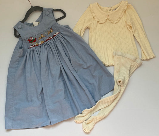 #82 Amanda Remembered Christmas Smocked Dress + Hanna Andersson Long Sleeve Pointelle Collared T-Shirt and Tights Girls Size 2