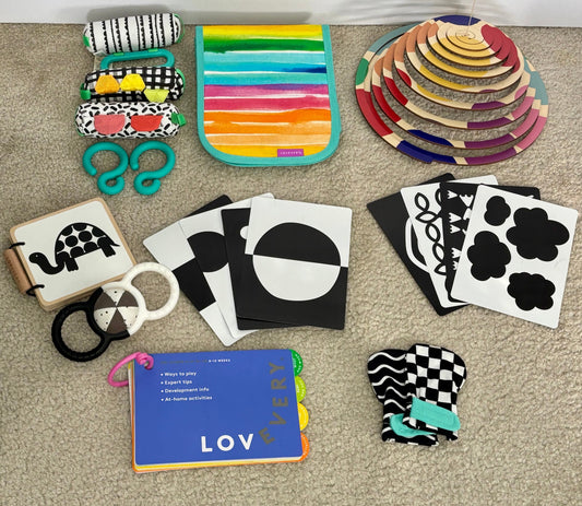 #132 - REDUCED - Bundle of Complete Lovevery: 0-12wk “The Looker” Play Kit + Extra Books, Wall Decals & Parent Gift Mug - SEE ADDITIONAL PHOTOS FOR ALL ITEMS INCLUDED