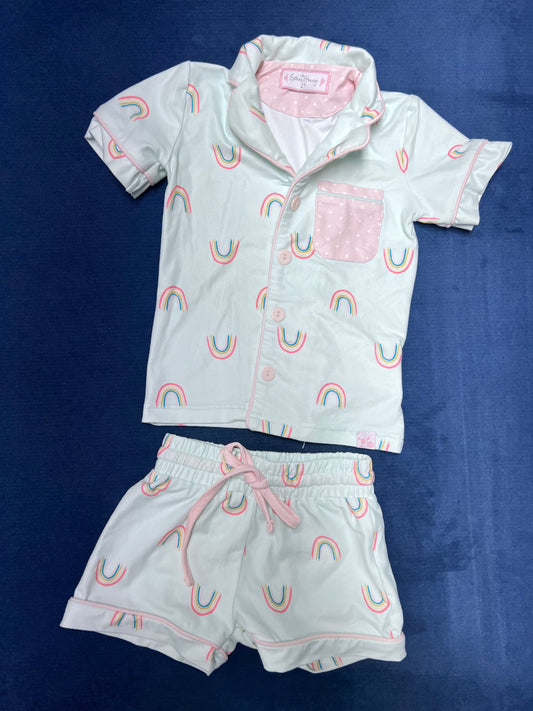 2T girls Sweethoney pajama set with rainbows. Button-down and shorts pj set. Pocket detail.