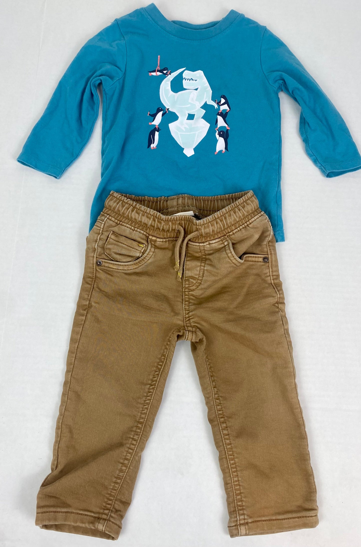 18 Months Cat & Jack Outfit- Khaki Pants & Blue Penguin and T-Rex Ice Sculpture Graphic Long Slv Tee