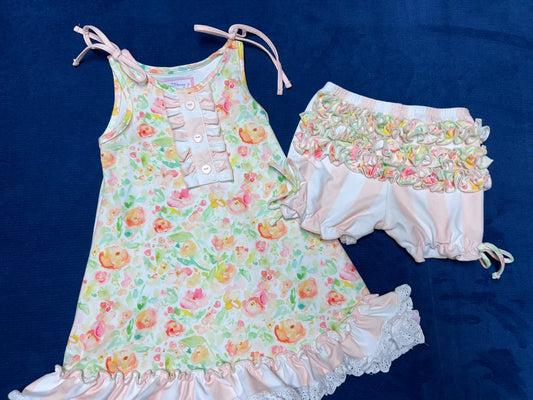 2T Sweethoney ‘cheery day’ short gown lounge with ruffle bloomer set, floral print with peach stripes, VGUC.