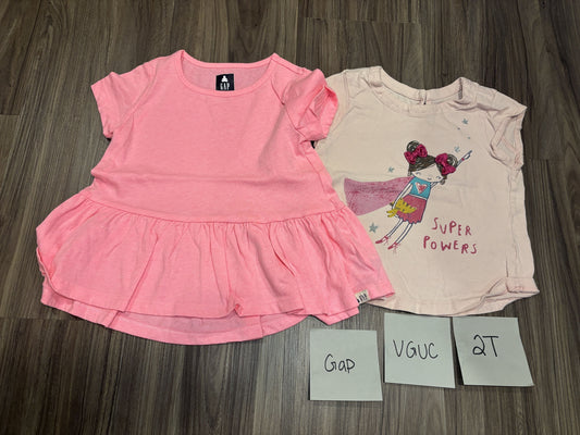#77 - 2T - VGUC Gap - 2 Shirts (Pink peplum, super powers)