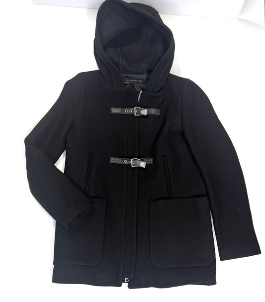 155 Women's Zara M (Runs small) Black Coat - Full Zip with Buckle Details and Hood