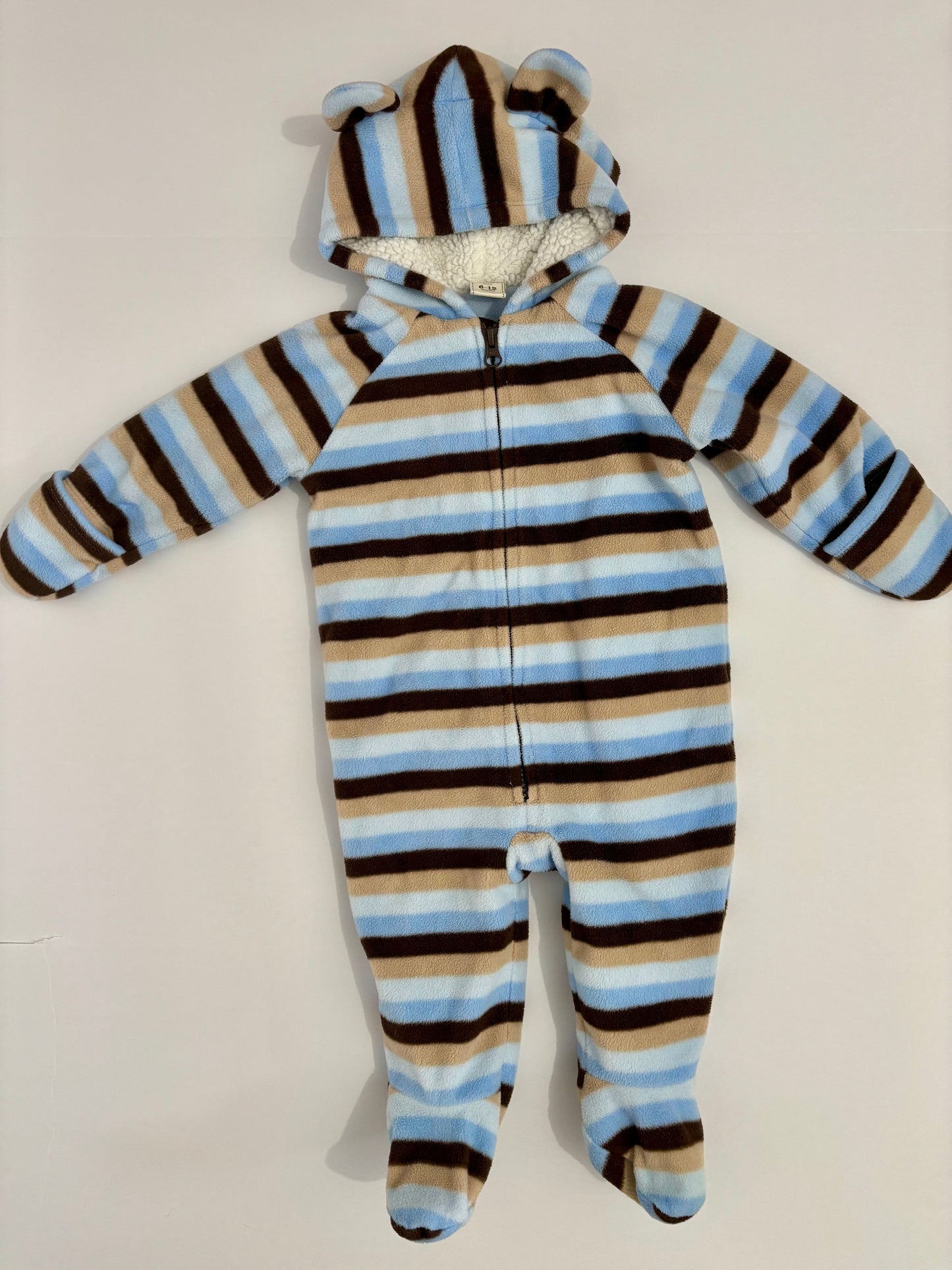 #132 - Old Navy: Baby Hooded Blue/Brown Striped Jumpsuit/Bunting, 6-12M