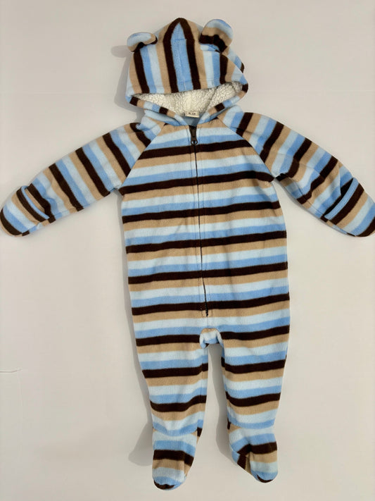 #132 - Old Navy: Baby Hooded Blue/Brown Striped Jumpsuit/Bunting, 6-12M