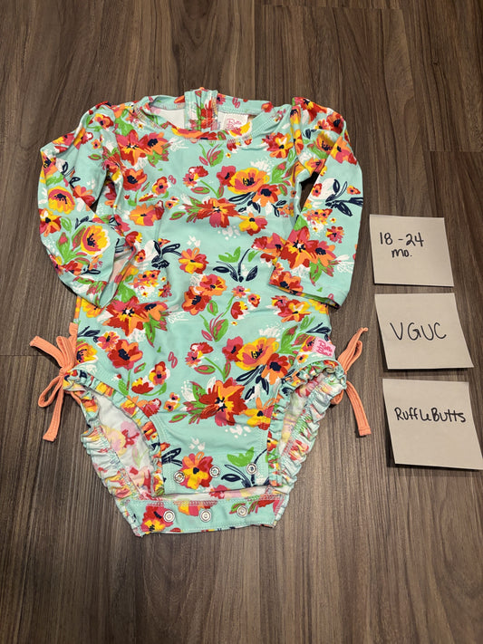 #77 - 18-24 Mo - VGUC RuffleButts - Teal/Orange Floral Rashguard
