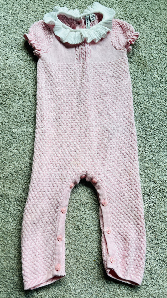 #68 Janie + Jack girls 6-12 mo pink sweater romper, VGUC