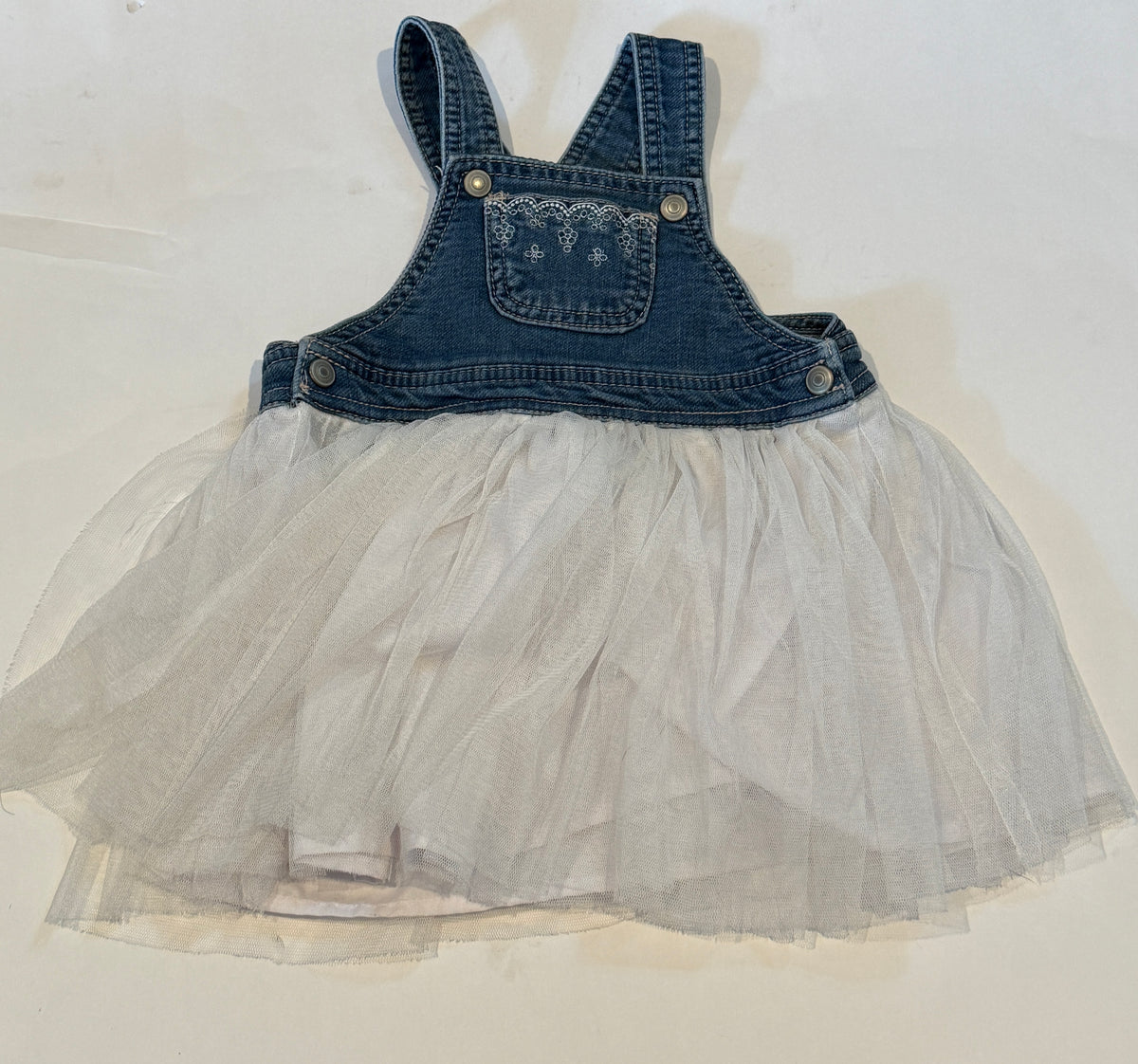 #170 First Impressions denim overalls with white tulle skirt with floral embroidery on pocket girls 24 months