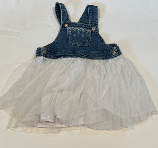 #170 First Impressions denim overalls with white tulle skirt with floral embroidery on pocket girls 24 months